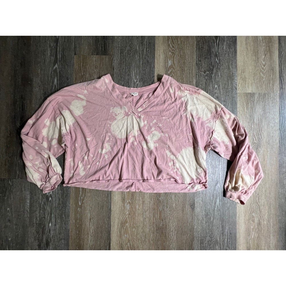 Peach Love Top Womens Medium Pink Acid Wash Bleach Splatter Cropped V-Neck